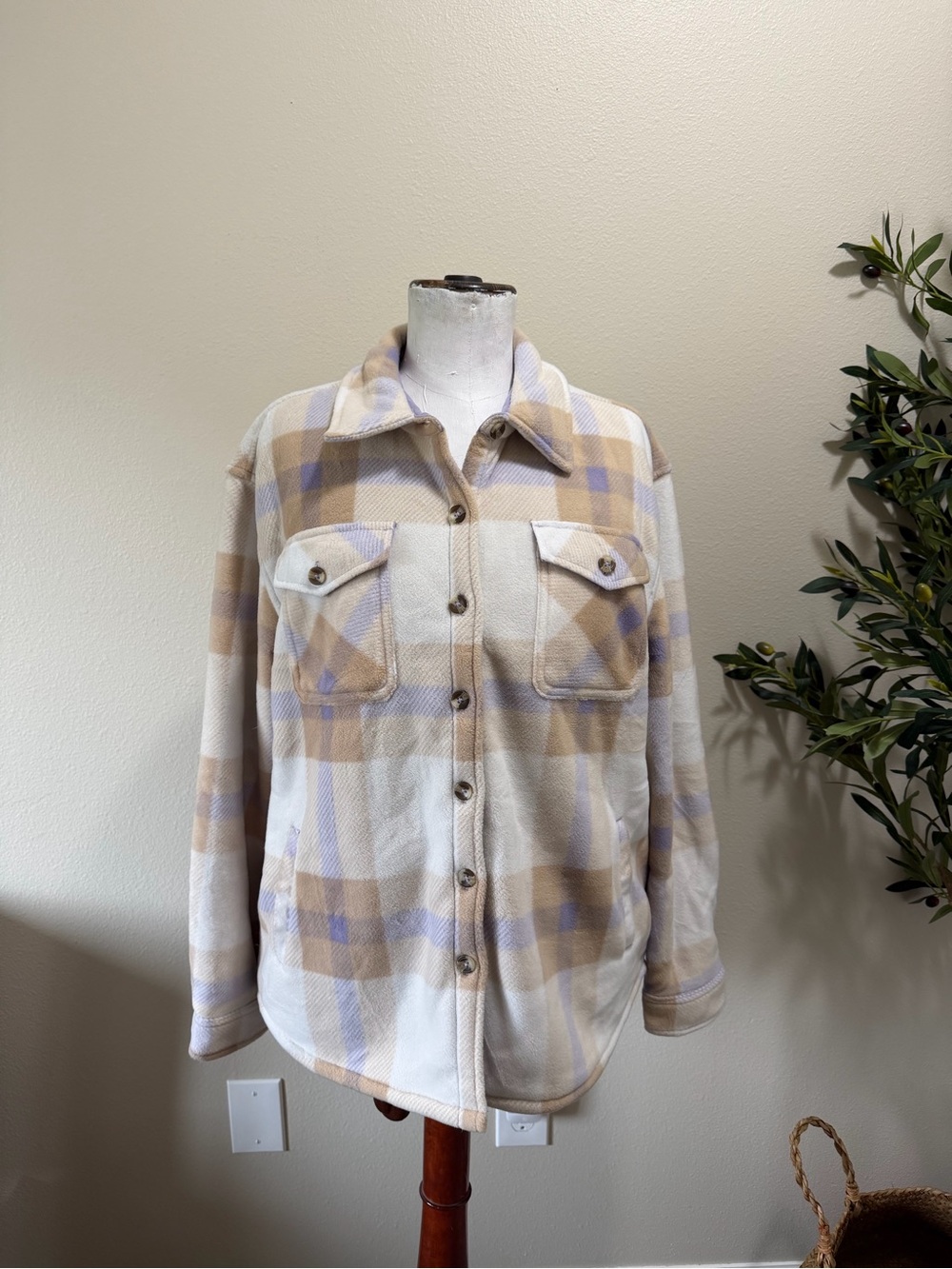 Plaid Utility Shacket in Cream, Tan & Lavender - Sherpa lined